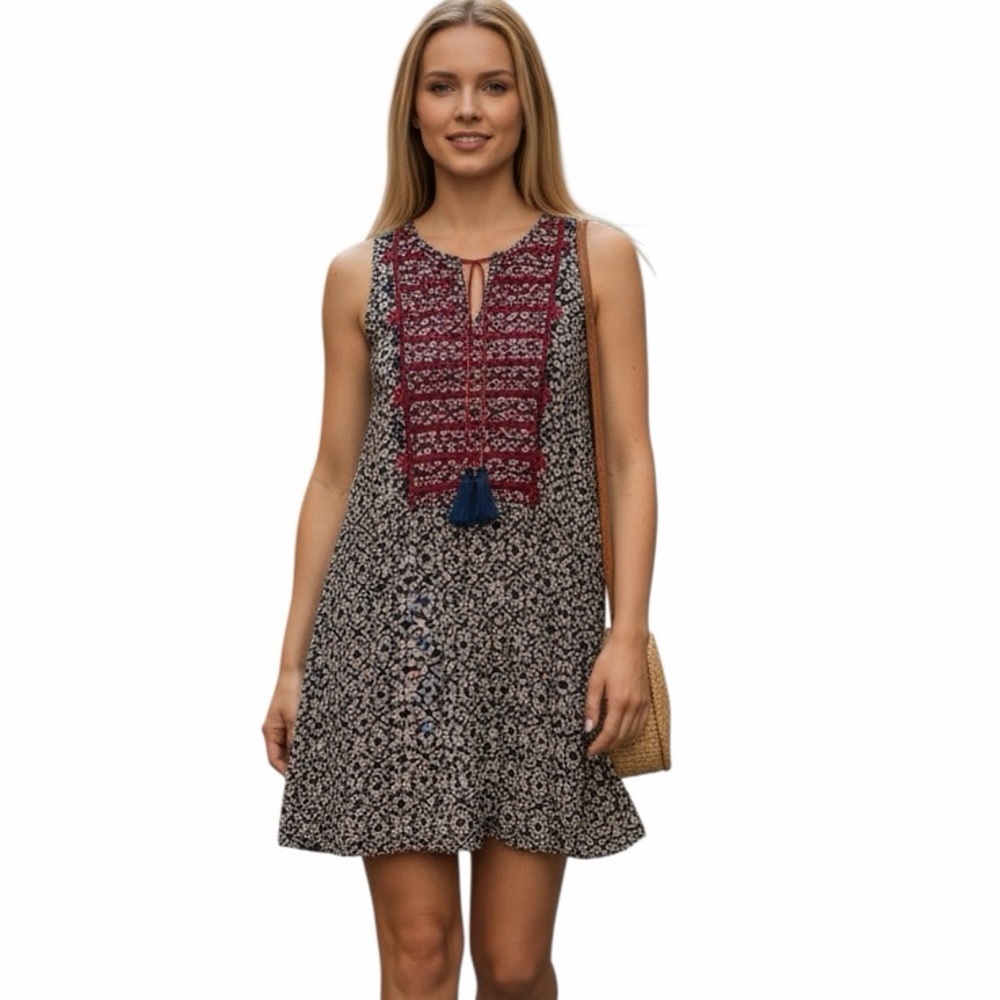 Anthropologie THMI Embroidered Boho Dress Tassel Tie Neck 2 Tiered Flouncy Skirt